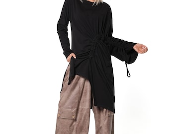 Black Asymmetric Cotton Tunic with Adjustable Drawstrings and Statement Sleeve METT0314