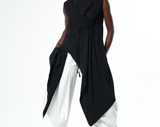 Asymmetric Tunic Top With Linen In Black - Viscose Long Top For Summer METT0306