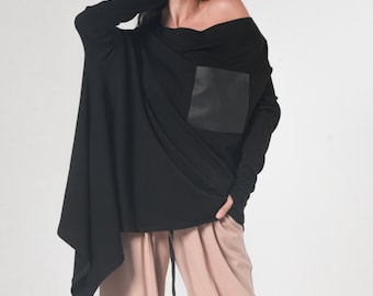 Asymmetric Knitted Tunic With Leather Detail Oversize Sweater/Knitted Top With Pocket /Handmade knitted top /Soft asymmetric tunic /METT0012