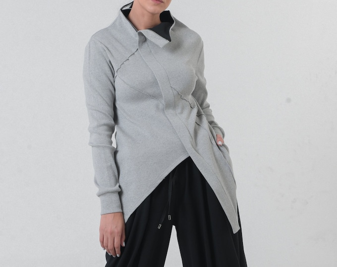 NEW Asymmetric Cardigan / Asymmetric Tunic / Grey Tunic / Long Cardigan for Women / Ribbed Cardigan / Fall Apparel / Long Sleeve Tunic