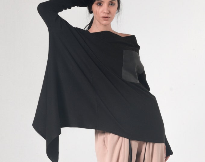 Knitted Tunic / Asymmetric Top / Asymmetrical Tunic / Oversized Sweater / Maxi Tunic / Thumb Hole Sleeve / Black Knit Sweater METT0012