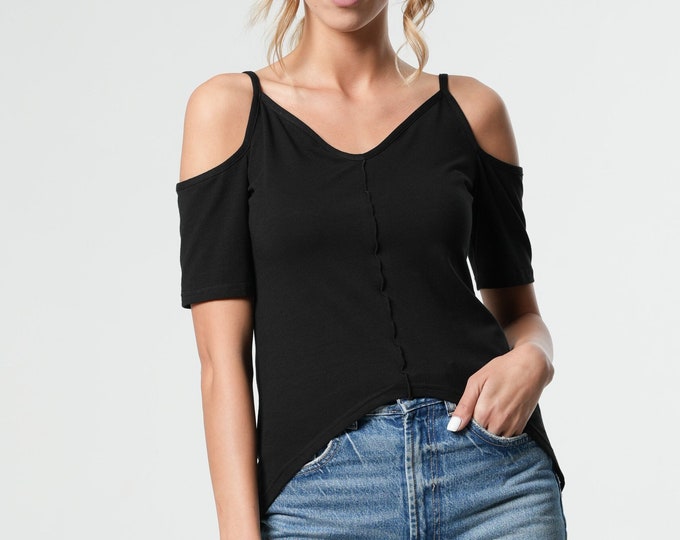 Asymmetric Top /Thin Straps /Cami Top /Spaghetti Straps /Short Sleeve Tunic /V Neck Blouse /Open Shoulder/Back V Neck/Open Back Top METT0244