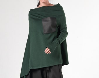 Off the Shoulder Top / Green Plus Size Tunic / Asymmetric Knitted Sweatshirt / Loose Long Sleeve Top with Leather Pocket