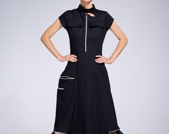 Extravagant Long Dress With Zippers / Black Short Sleeve Maxi Dress With Front Pockets METD0198