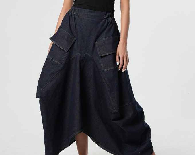 Extravagant Maxi Denim Skirt / Long Skirt With Pockets / Jeans Maxi Skirt / Asymmetrical Line Skirt / Cargo Style Pockets Skirt