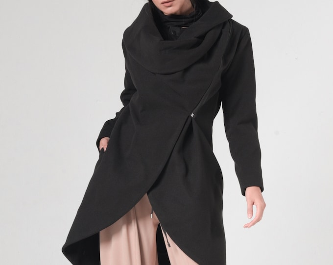 Black Winter Coat / Futuristic Coat / Avant Garde Clothing /Cashmere Long Coat /Avant Garde Coat / Asymmetrical Coat / Long Black Coat