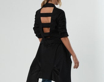 Asymmetrical Shirt / Open Back Shirt / Black Shirt / Half Sleeve Shirt / Women Button Up Shirt / Backless Top / Urban Shirt