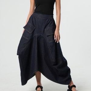 Extravagant Maxi Denim Skirt / Long Skirt With Pockets / Jeans Maxi Skirt / Asymmetrical Line Skirt / Cargo Style Pockets Skirt