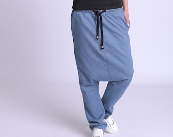 Denim Elastic Waist Pants/Denim Harem Pants/Drop Crotch Pants/Casual Wide Leg Pants/Denim Maxi Pants/Drawstring Waist Pants/Jean Pants