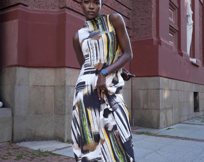 Sleeveless Cotton Dress With Abstract Print / Asymmetrical Summer Dress  METD0240