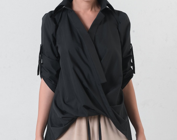 Avant Garde Black Shirt / Asymmetrical Belted Shirt / Extravagant Top METSh0003
