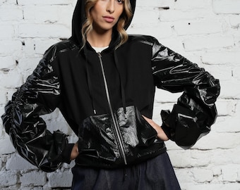 Avant Garde Clothing / Sporty Jacket / Black Bomber Jacket / Custom Bomber Jacket / Hooded Jacket / Casual Jacket /Maxi Jacket /Shiny Jacket