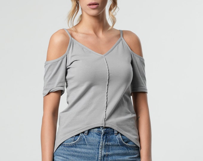 Asymmetric Tunic / Open Back Top / Thin Straps Top / Spaghetti Strap Top / Summer Crop Top / Off Shoulder Blouse / Grey Crop Top