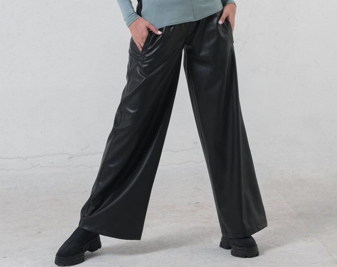 Leather Pants / Vegan Pants / Vegan Clothing / Wide Leg Pants / Maxi Pants / Long Loose Pants / Elastic Waist / Leather Trousers / Pants