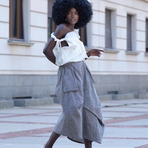 Gray Denim Skirt / Asymmetrical Draped  Skirt / Jean Skirt METSk0048