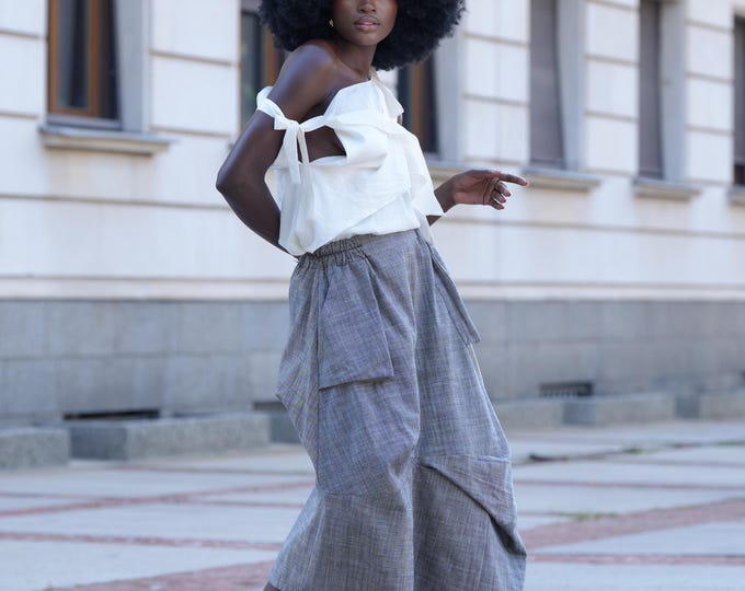 Gray Denim Skirt / Asymmetrical Draped  Skirt / Jean Skirt METSk0048