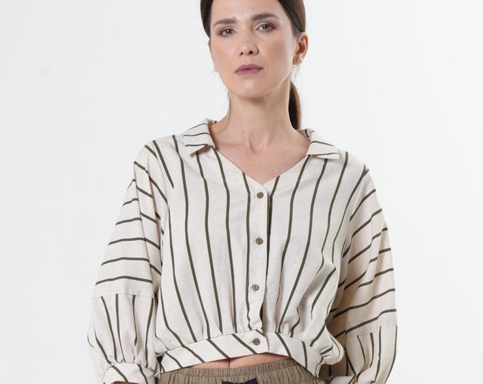 Oversize Short Top On Khaki Stripes / Short Striped Shirt / Crop Top  METT0274_Khaki