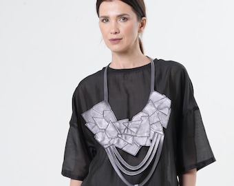 Oversize Leather Necklace In SIlver / Large Leather Accessory  - META0018