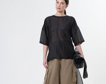 Sheer Tunic Top In Black / High-Low Transparent Top METT0277