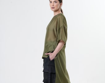 High-Low Sheer Top In Khaki / Transparent Tunic Top METT0277
