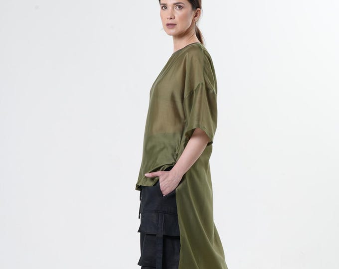 High-Low Sheer Top In Khaki / Transparent Tunic Top METT0277