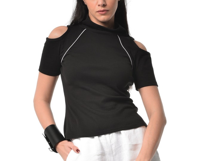 Open Shoulder Top / Futuristic Clothing / Mockneck / Minimal Clothing / Black Mockneck / Open Shoulder / Basic Top / Tight Top