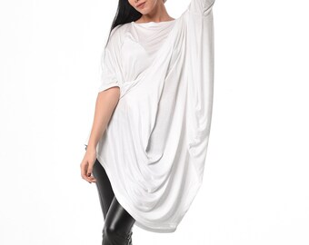 White Tunic Dress / Asymmetric Tunic / Kaftan Tunic / Asymmetrical Top / Plus Size 24 / Boho Bride Gift / Oversized Tunic / Hippie Tunic