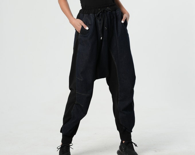 Denim Harem Pants / Bohemian Pants / Avant Garde Clothing / Wide Leg Pants Women / Harem Trousers / Maxi Pants / Plus Size Clothing