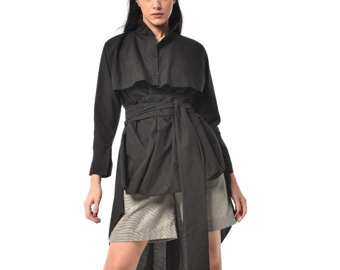 Asymmetrical Shirt / Long Sleeve Tunic / Belted Shirt / Asymmetric Tunic / Plus Size Tunic Dress / Extravagant Clothing METSh0030