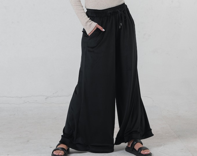 Velvet Trousers / Yoga Palazzo Pants / Boho Wide Leg Pants / Black Velvet Pants / Elastic Waist Pants /Plus Size Yoga Pants  METP0099