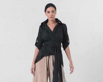 Avant Garde Black Shirt / Asymmetrical Belted Shirt / Extravagant Top