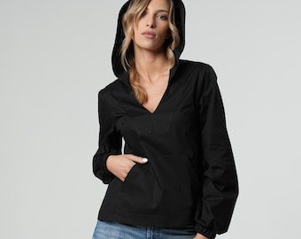 V Neck Blouse / Black Hooded Top / Elastic Cuff / Long Sleeve Top / Oversize Shirt / Loose Pocket Top / Extravagant Clothing / METSh0032