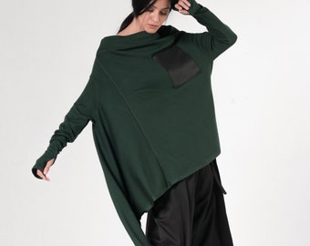 Green Loose Tunic/Asymmetric Long Top/Leather Pocket Shirt/Casual Maxi Tunic/Extravagant Long Sleeve Blouse/Fallen Sleeve Top/Green Long Top