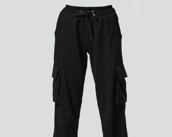 Schwarze Cargohose / Frauen Baggy Hose / Weite Freizeithose / Lockere Hose