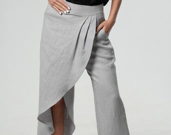 Grey Linen Pants / Maxi Pants / Linen Pants / Loose Pants Women / Asymmetrical Pants / Loose Linen Pants / Linen Pants for Women