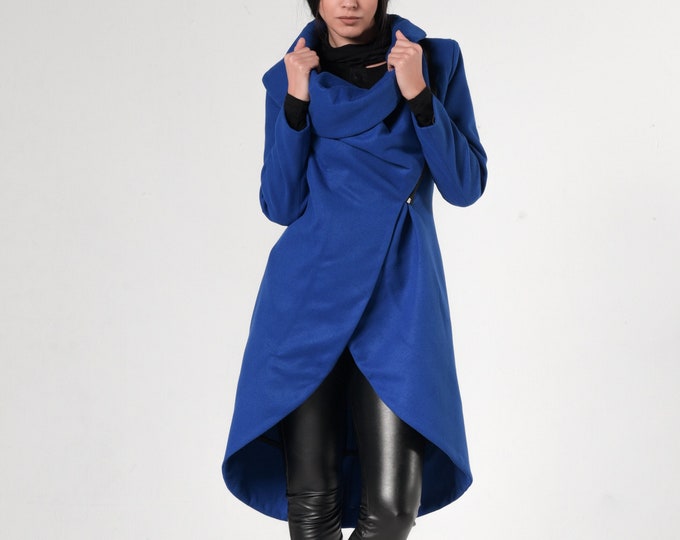 Blue Cashmere Coat / Long Elegant Coat / Asymmetric Blue Jacket / Casual Winter Coat / Loose Blue Trench Coat / Minimalist Coat