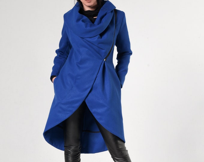 Blue Long Coat/Royal Blue Loose Jacket/Extravagant Large Collar Blazer/Casual Winter Coat/Asymmetric Blue Jacket/Plus Size Coat METC0003