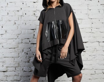 Womens Two Piece Set / Tracksuit Set / Shorts and Top Set / Women Tracksuit Set / Plus Size Shorts / Asymmetric Tunic /  METJ0004