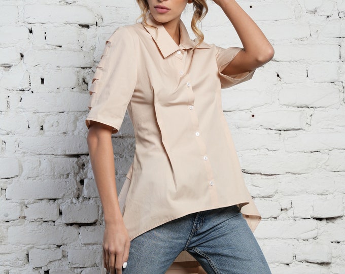 Asymmetrical Shirt / Asymmetrical Tunic / Beige Tunic / Open Back Top / Music Festival Clothing / Women Button Down Shirt / Collar Tunic