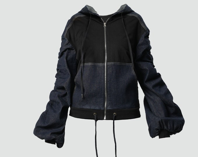 Denim Hooded Jacket/ Gathered Jacket / Custom Denim Jacket / Gathered Sleeves / Hooded Denim Jacket / Custom Jean Jacket/ Maxi Jacket