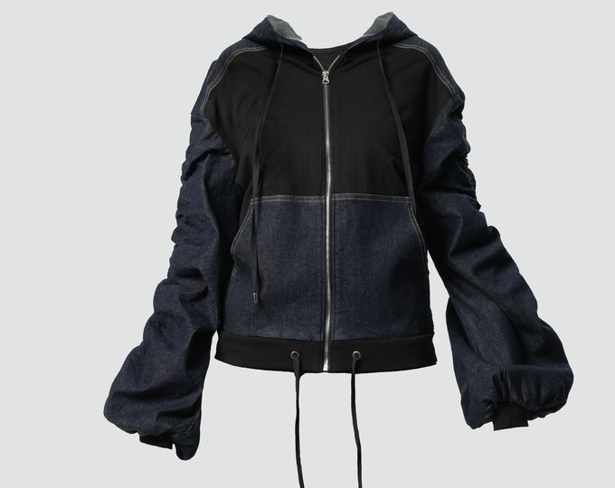 Denim Hooded Jacket/ Gathered Jacket / Custom Denim Jacket /Gathered Sleeves /Hooded Denim Jacket / Custom Jean Jacket/ Maxi Jacket METC0121