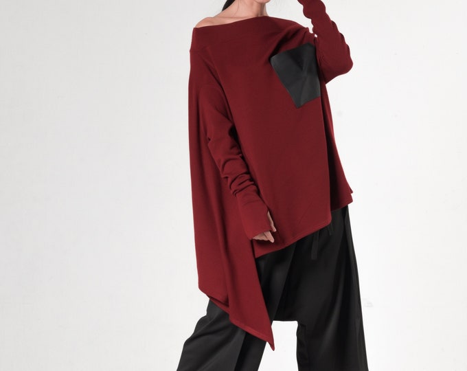 Oversize Burgundy Tunic / Knitted Tunic Top In Red / Burgundy Blouse With Pocket METT0012