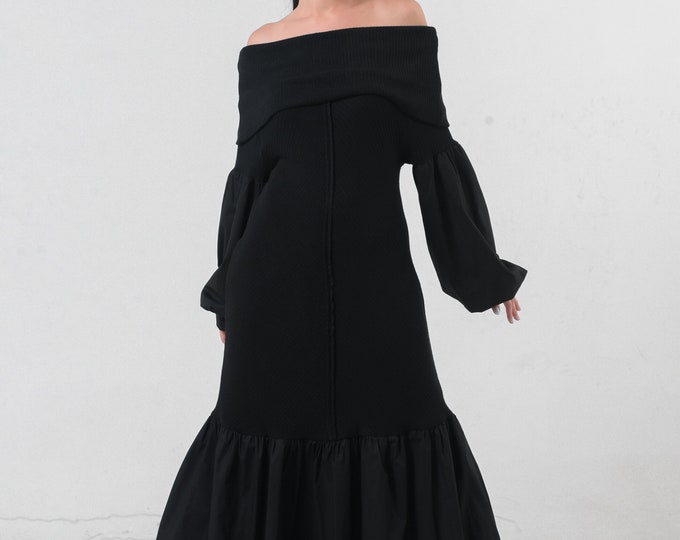 Black Kaftan/ Winter Maxi Dress/ Long Sleeves Kaftan/ Bohemian Maxi Dress/ Oversize Dress /Off Shoulder Black Dress/7th Anniversary Gift