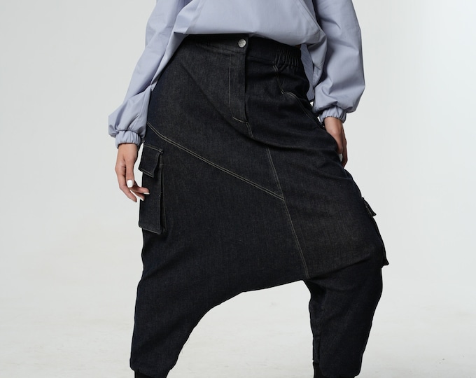 Denim Harem Pants / Drop Crotch Harem Pants / Womens Baggy Pants / Wide Leg Pants Women/ Harem Trousers/ Elastic Waist Pants METP0114