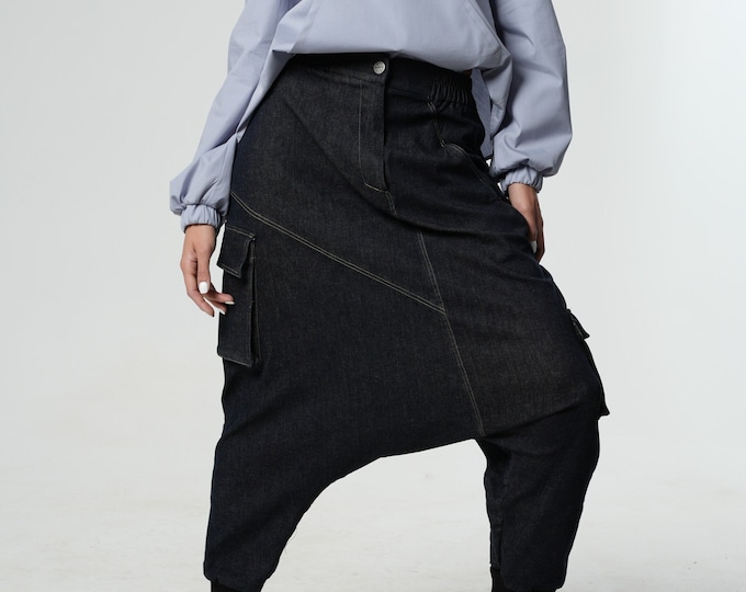 Denim Harem Pants / Drop Crotch Harem Pants / Womens Baggy Pants / Wide Leg Pants Women/ Harem Trousers/ Elastic Waist Pants/ Maxi Pants