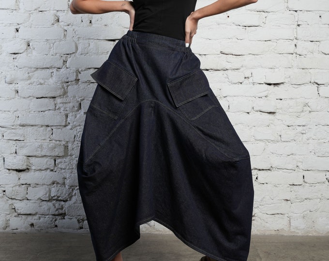 Asymmetrical Skirt / Modest Denim Skirt / Plus Size Jean Skirt / Long Maxi Skirt / Loose Skirt / Plus Size Maxi Skirt  METSk0040