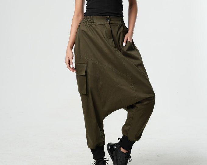 Khaki Pants / Japanese Pants / Cotton Harem Pants / Maxi Pants / Army Pants Women / Military Green Pants / Drop Crotch Harem Pants