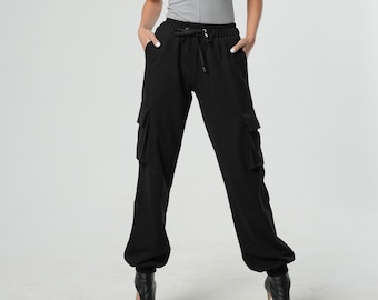 Black Cargo Pants / Baggy Woman Pants / Wide Casual Pants / Loose Trousers METP0109