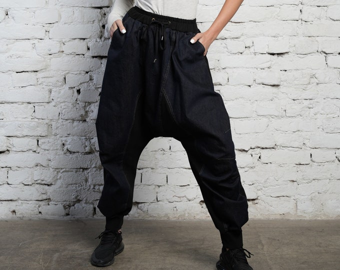 Denim Harem Pants / Oversized Pants / Maxi Pants / Japanese Pants / Casual Pants / Elastic Waist Pants / Harem Trousers / Samurai Pants