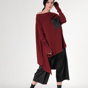 Túnica burdeos de gran tamaño / Túnica de punto en rojo / Blusa burdeos con bolsillo METT0012